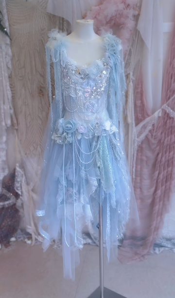 Baby Blue A Line Straps Floral Beaded Tulle Short Prom Dress 16th Birthday Dress HZ1023